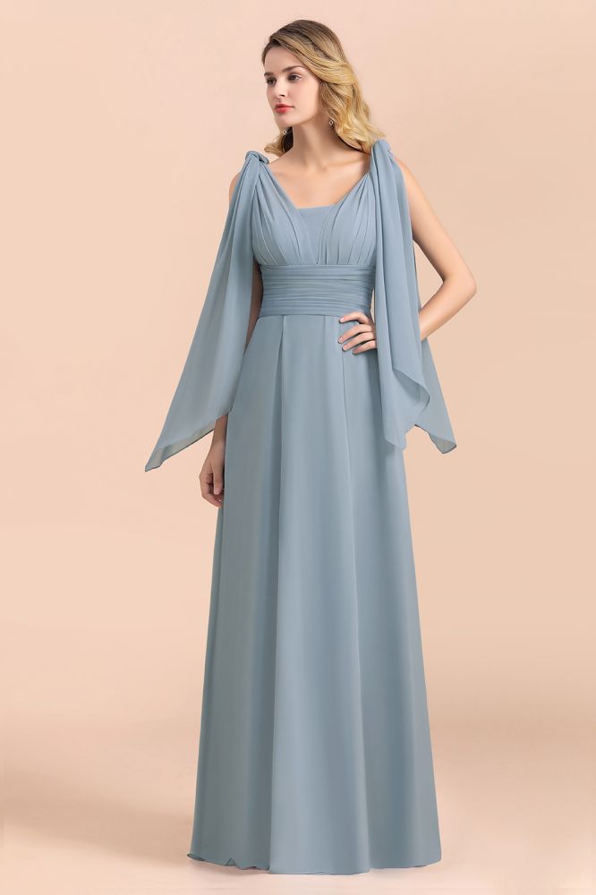 Grey Blue V-Neck Sleeveless Aline Wedding Guest Dress Simple Bridesmaid Dress Floor Length