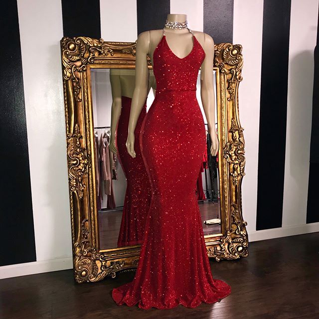 Sexy Sequins Sleeveless Mermaid Prom Dresses | Glitter 2021 Halter Red Evening Gowns