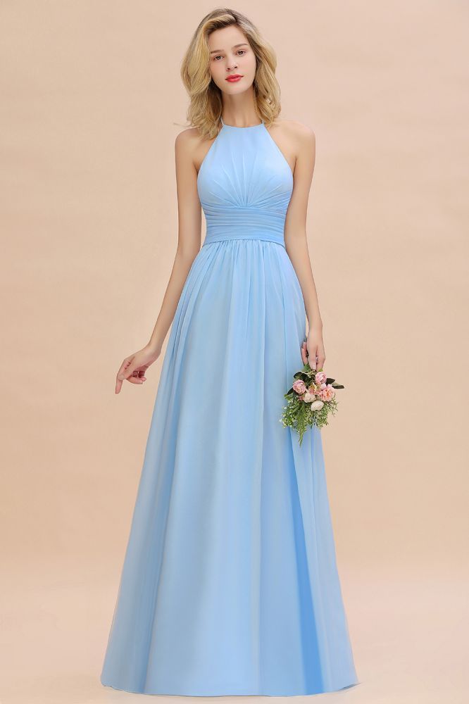 Stylish Sky Blue Halter Soft Chiffon Bridesmaid Dress Aline Evening Swing Dress