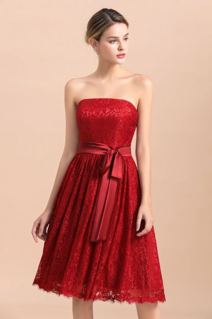 Strapless Red Evening Dress Satin Aline Wedding Guest Dress
