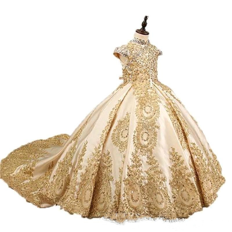 Gold Ball Gown Princess Flower Girl Dresses With Beads Little Girls Pageant Dresses