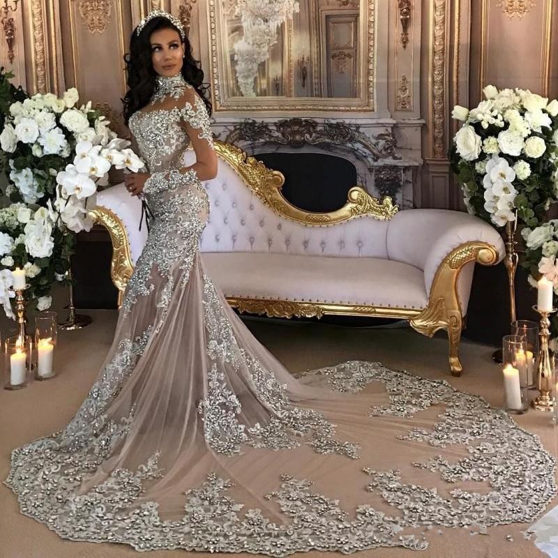 Elegant High neck Long sleeves Mermaid Wedding Dress | Silver Tulle Bridal Gowns with Lace Appliques