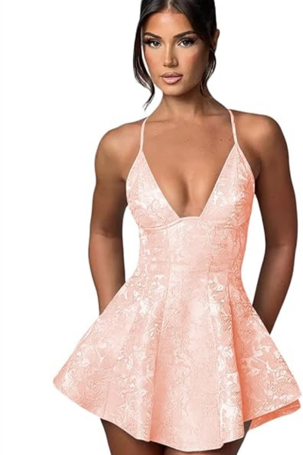 Simple Halter Short Satin Homecoming Dress Jacquard Mini Party Dress with Cross Straps
