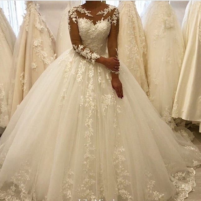 Tulle Lace Wedding Gowns Long Sleeves Floral Bridal Dress