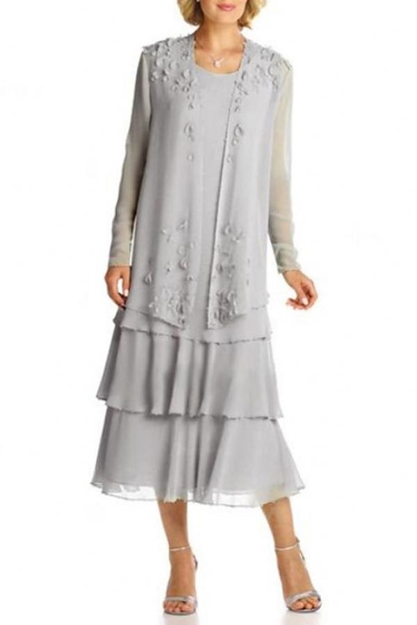 Long sleeves Grey Chiffon Round neck Column Mother of the bride Dress