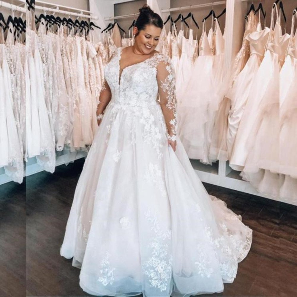Elegant White V-Neck Wedding Dress with Long Sleeves Aline Tulle Lace Bridal Dress for Women