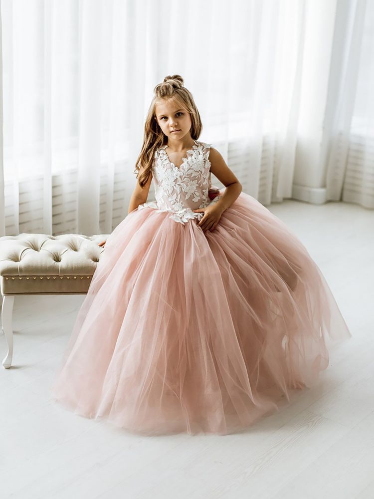 Dusty Pink Flower Girl Dress Tulle Sleeveless Lace First communion dress for girl Birthday Party Dress Bowtie with Train-Babyonlinewholesale