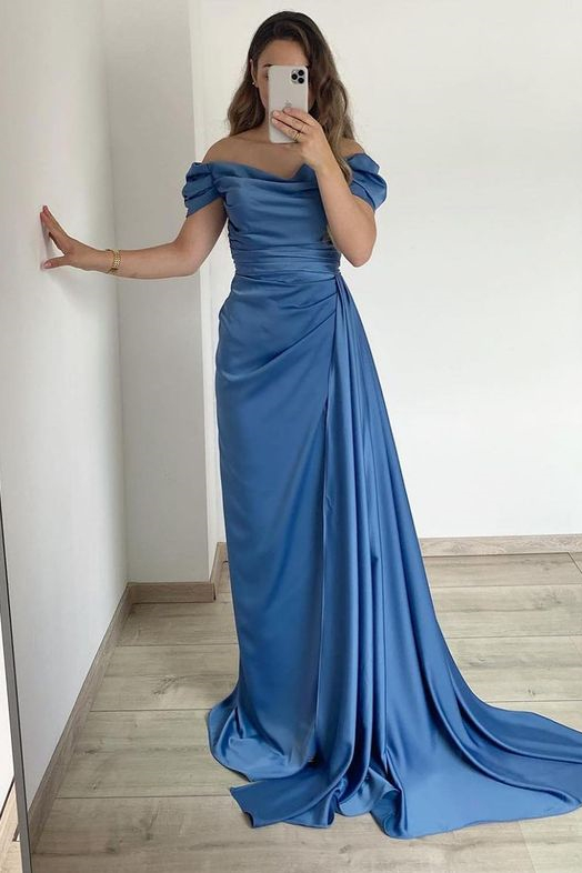 Off the shoulder Burgundy Court Train Prom Dresses