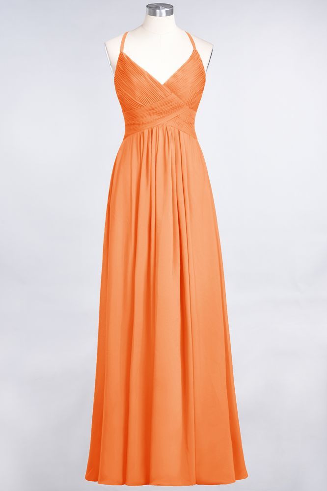 Chiffon A-Line Spaghetti-Straps V-Neck Sleeveless Long Bridesmaid Dress with Ruffles