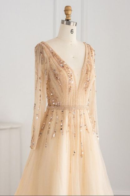 Elegant Sequins Beading A-line Eveing Party Dress V-neck Long Sleeves Tulle Party Gown