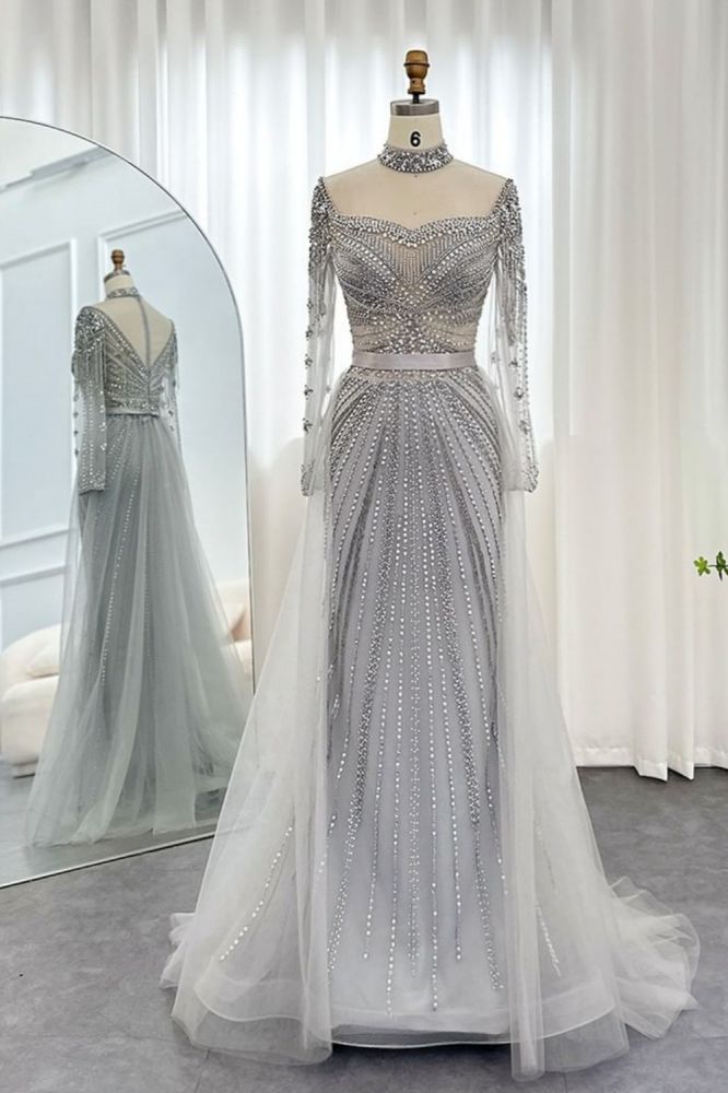 Gorgeous High Neck Beading Sequins Mermaid Evening Gown Long Sleeves Tulle Party Dress with Sweep Train-Babyonlinewholesale
