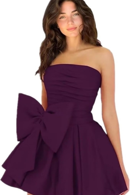 Chic Ruched Satin Short Homecoming Dresses Strapless Knee Length Party Dress with Bow