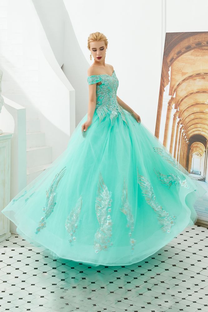 Henry | Elegant Off-the-shoulder Princess Red/Mint Prom Dress with Wing Emboirdery