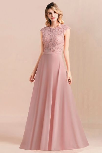 Elegant Dusty Pink Soft Lace Chiffon Evening Dress Sleveless Aline Bridesmaid Dress