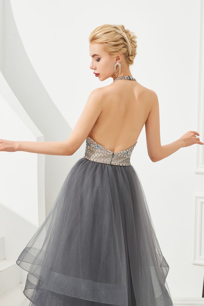 Floral Halter Evening Dress with Sparkle Beads | Trendy Gray Mother of the bride Dress with watermelon and blue decorations-Babyonlinewholesale