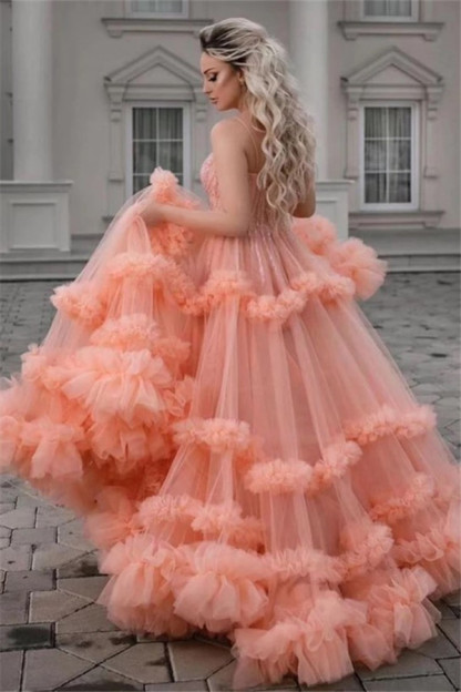 Sexy Spaghetti Straps Coral Evening Gowns | Stylish Sleeveless Tulle Ruffles Long Prom Dresses for Juniors-Babyonlinewholesale