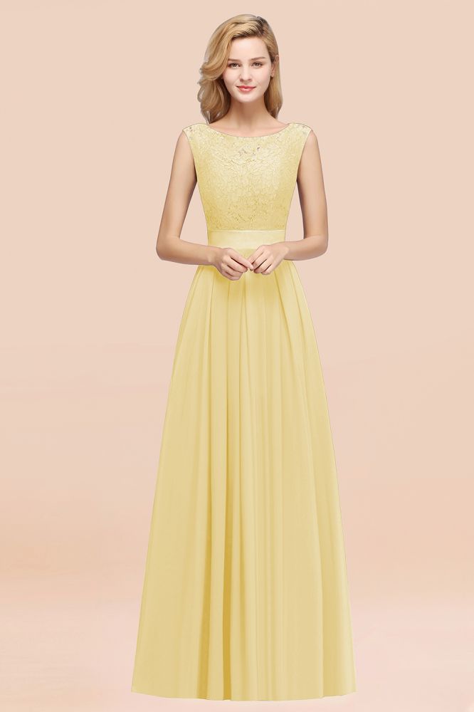 A-line Chiffon Lace Jewel Sleeveless Ruffles Floor-length Bridesmaid Dress