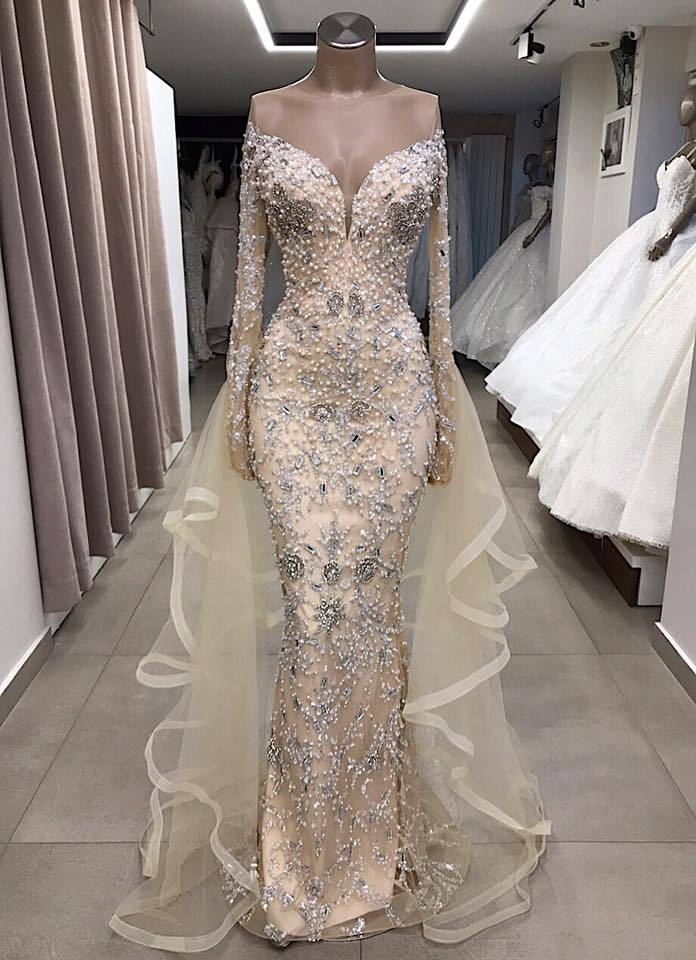 Luxury Long sleeve off-the-shoulder prom dress with fully-covered beads