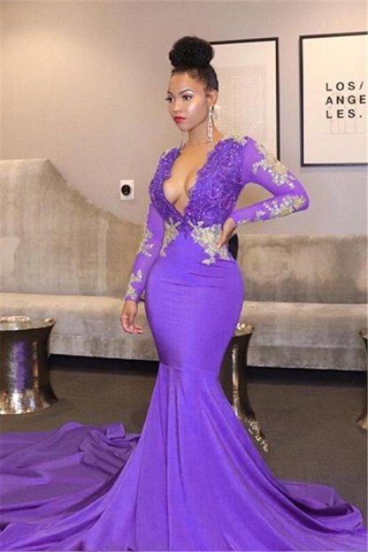 Lavender Mermaid Long Sleeves Prom Dresses with Gold Appliques