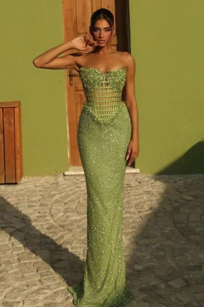 Sage Sweetheart Column Long Sequin Prom Dresses