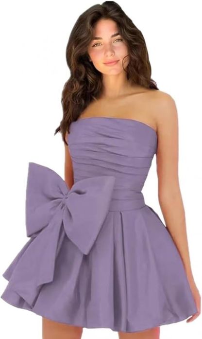 Chic Ruched Satin Short Homecoming Dresses Strapless Knee Length Party Dress with Bow