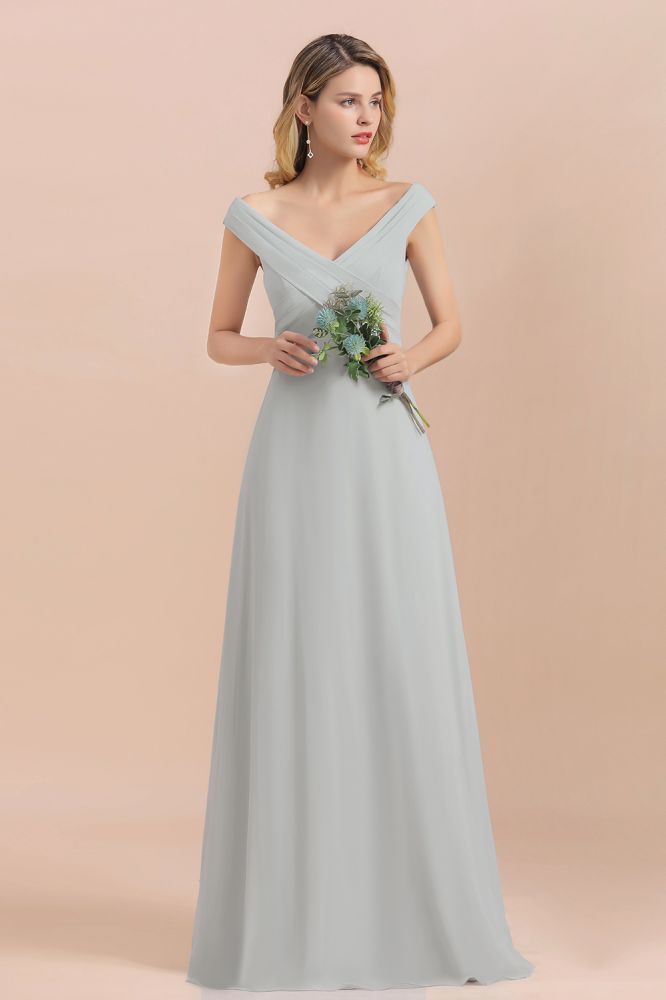 Off Shoulder V-Neck Silver Simple Wedding Dress Aling Floor Length Evening Dress