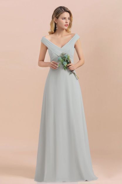 Off Shoulder V-Neck Silver Simple Wedding Dress Aling Floor Length Evening Dress