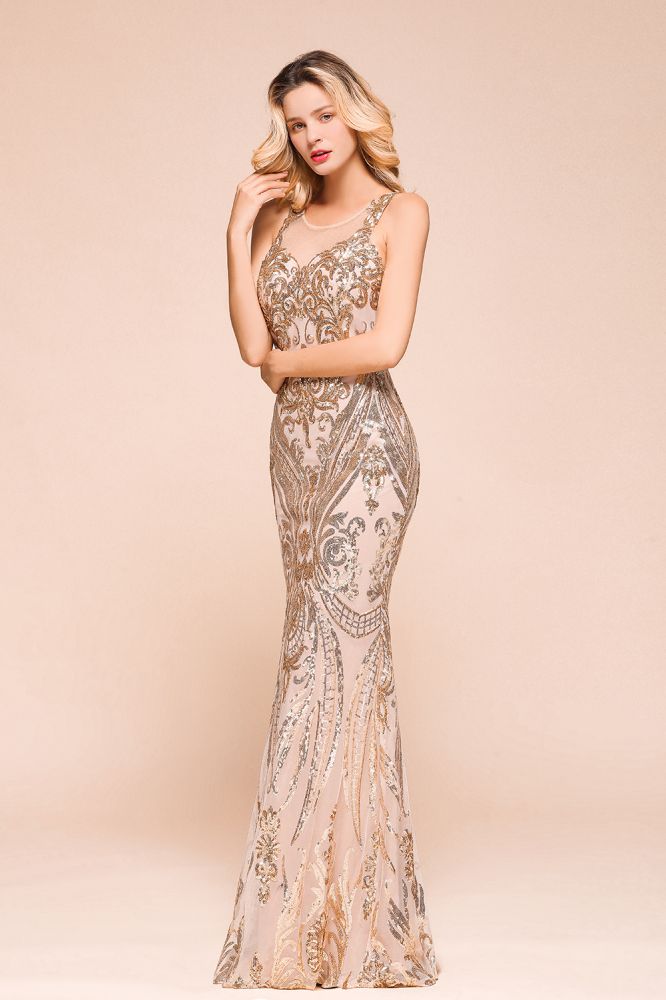 Sparkle Sequined High neck Sleevelss Rose Gold Mermaid Long Evening Dresses