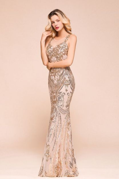 Sparkle Sequined High neck Sleevelss Rose Gold Mermaid Long Evening Dresses