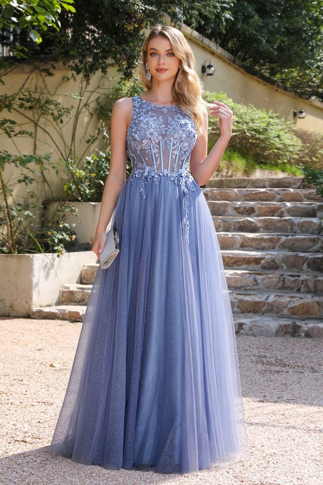 Chic Crew Neck Floor Length Prom Dress Tulle Lace Appliques A-line Evening Dress