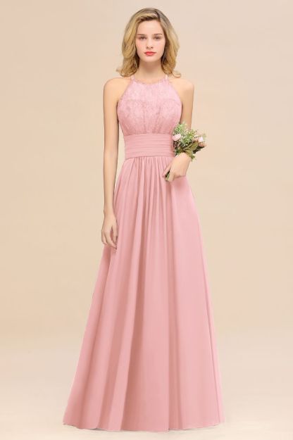 Purple Elegant Halter Hollow Lace Aline Maid of Honor Dress Floor Length Chiffon Bridesmaid Dress