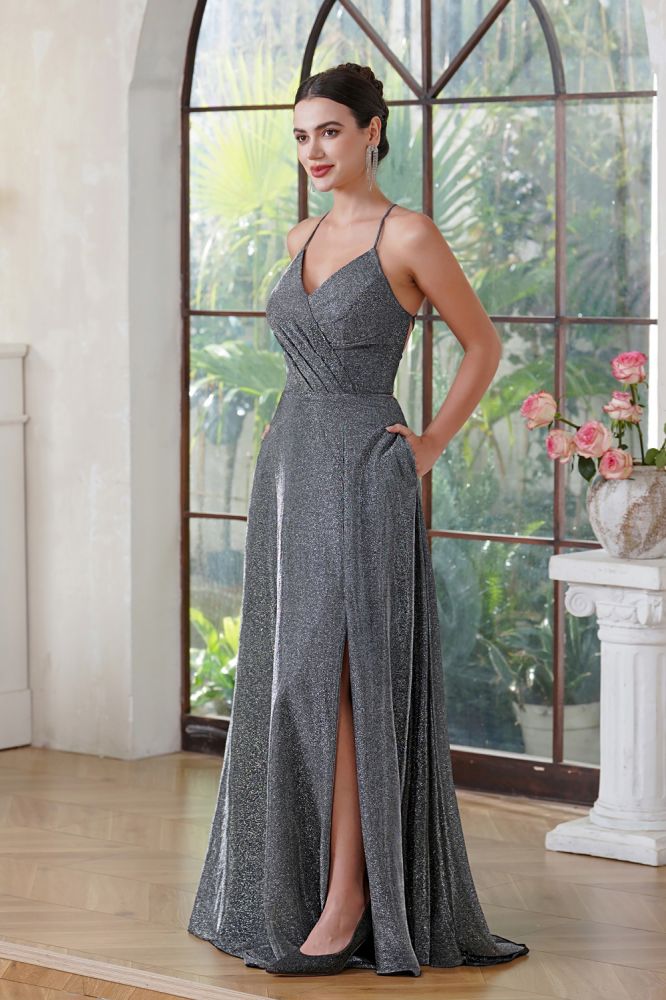 Sexy Halter Glitter Side Split Party Dress V-neck Long Prom Dress with Pocket