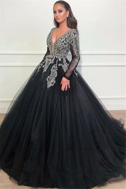 Black Ball Gown Deep V-Neck Long Sleeves Appliques Overskirt Evening Dresses