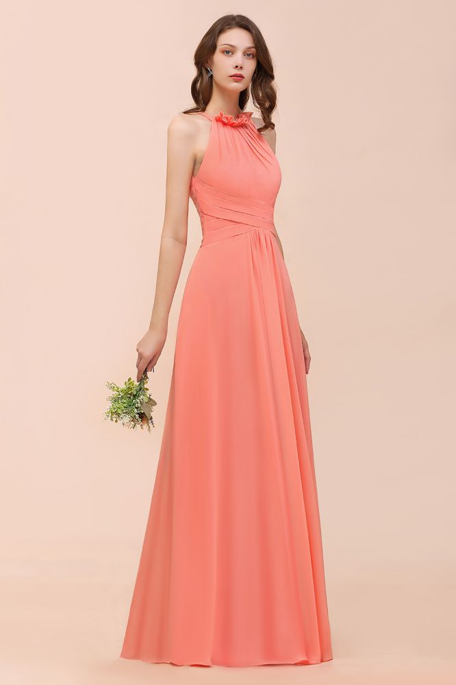 Sexy Coral Wrinkles Chiffon Long bridesmaid Dress Sleeveless Aline Wedding Guest Dress