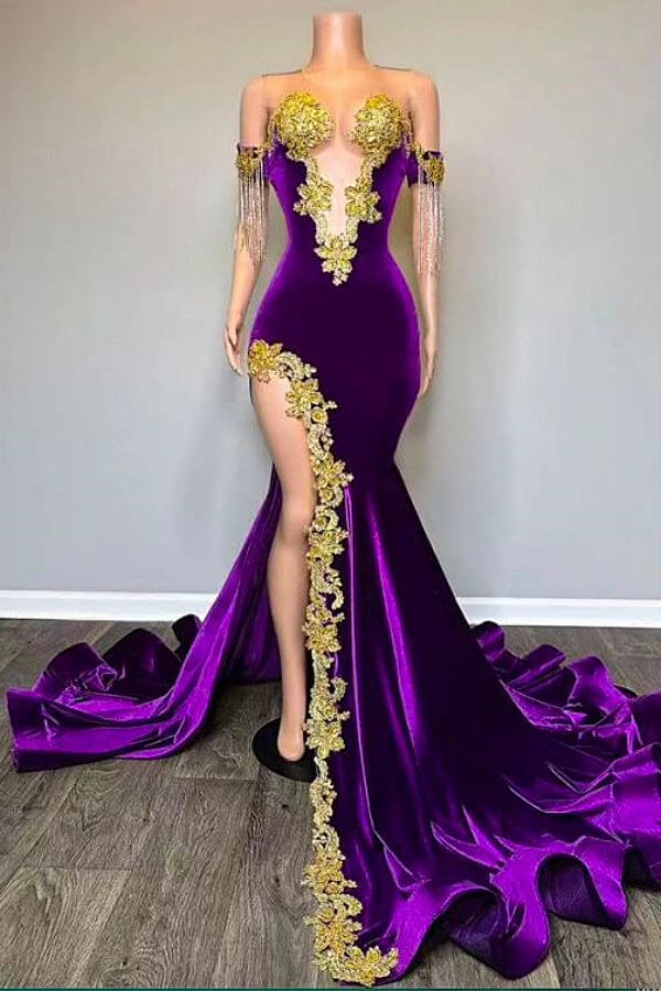 Purple Velvet High Split Gold Appliques Prom Dresses