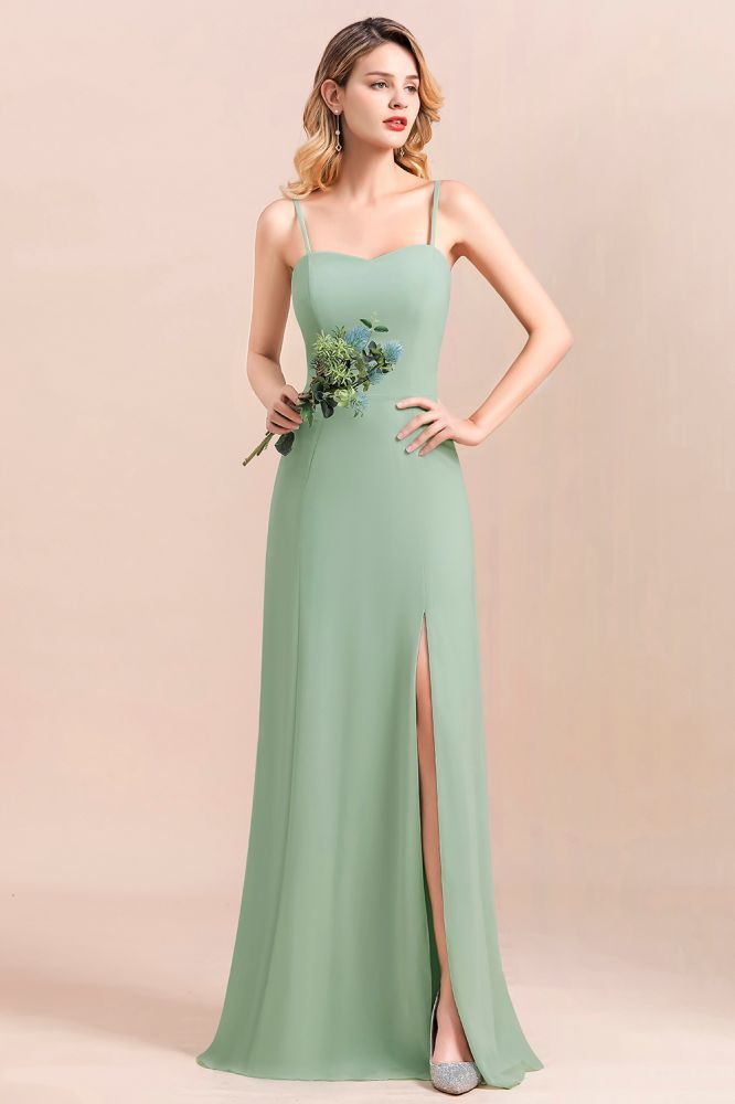 Romantic Sweetheart Sage Garden Bridesmaid DressSpaghetti Straps Long Special Occasion Dress with Side Slit-Babyonlinewholesale