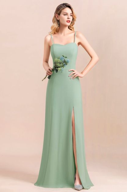 Romantic Sweetheart Sage Garden Bridesmaid DressSpaghetti Straps Long Special Occasion Dress with Side Slit-Babyonlinewholesale