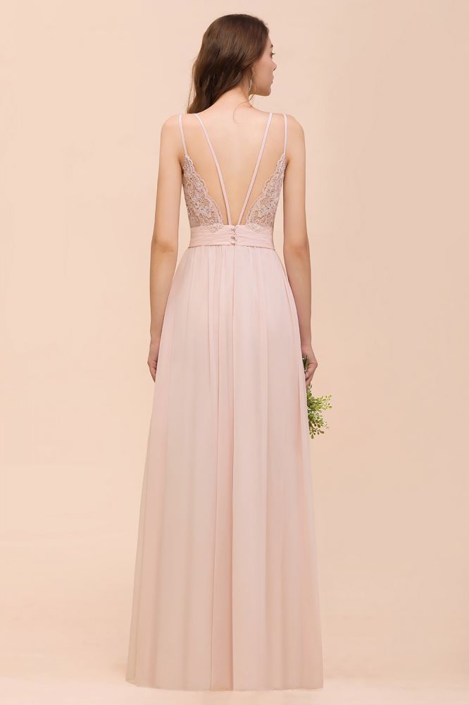 Stylish Pearl Pink V-Neck Bridesmaid Dress Chiffon Aline Evening Maxi Dress