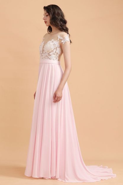 Cap Sleeves Lace Appliques Bridesmaid Dress Pink Chiffon Aline Wedding Party Dress with Side Slit