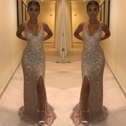 Shiny Mermaid Sequins V-Neck Straps Sleeveless Front-Slipt Prom Dress