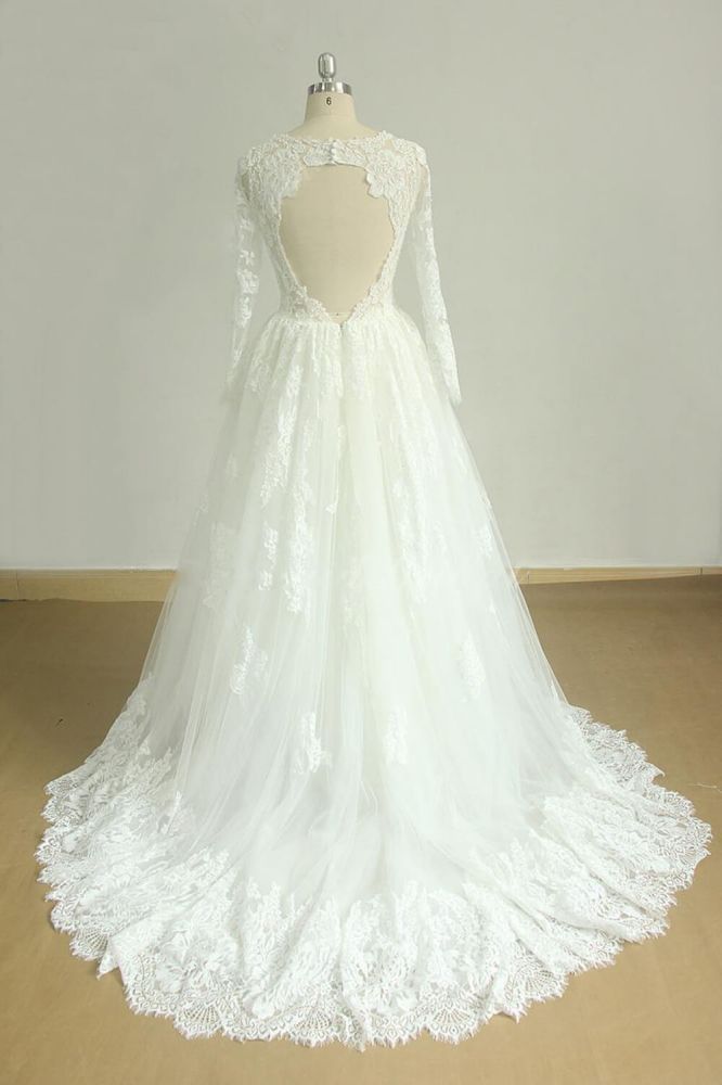 Long sleeves Illusion neck White Lace Wedding Dresses