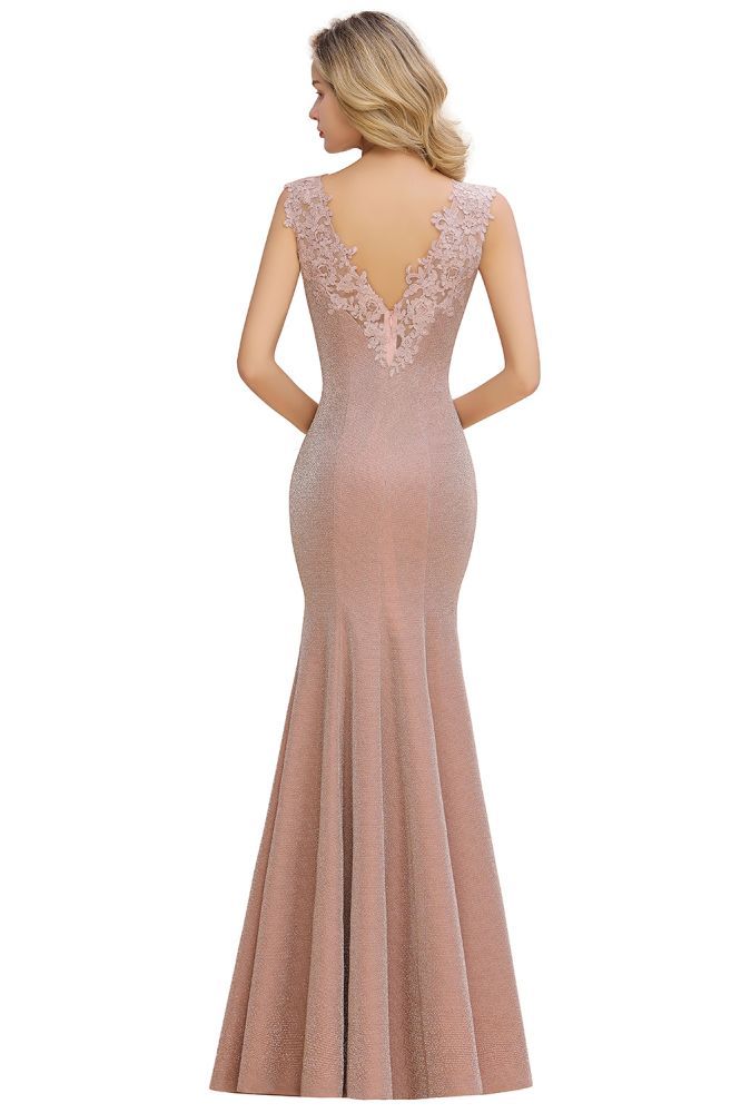 Sparkly Deep V-neck Long Evening Dresses | Elegant Flowers Neck Sleeveless Pink Floor-length Formal Dress-Babyonlinewholesale