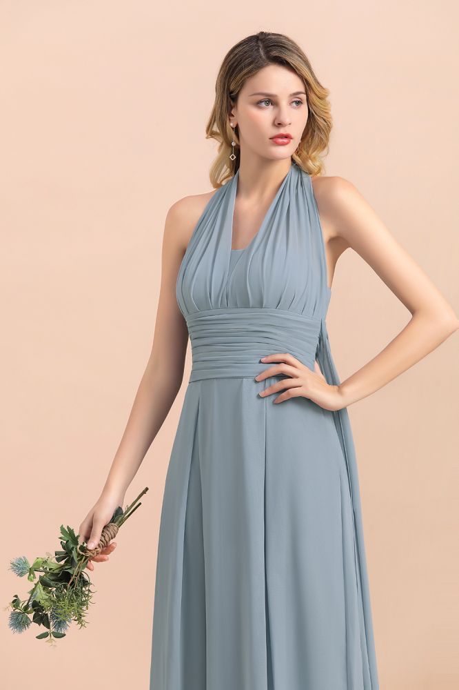 Grey Blue V-Neck Sleeveless Aline Wedding Guest Dress Simple Bridesmaid Dress Floor Length
