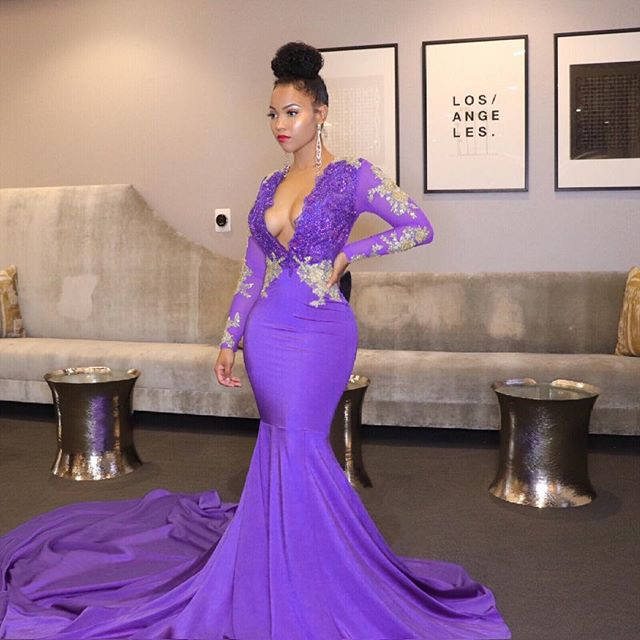 Unique Lace Appliques Deep Sexy V-neck Prom Dresses | Long Sleeve Fit and Flare Evening Gowns
