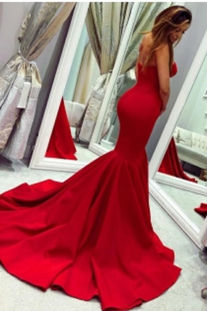 Sey Red Satin Mermaid Sleeveless Sweetheart Floor Length Backless Prom Dresses | Evening Gowns With Zipper-Babyonlinewholesale