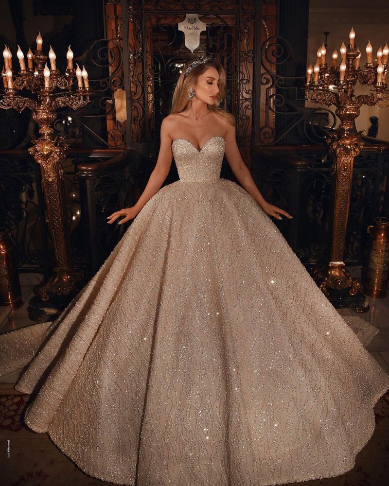 Luxury Sweetheart Sparkle Beads Puffy Ball Gown Wedding Dress