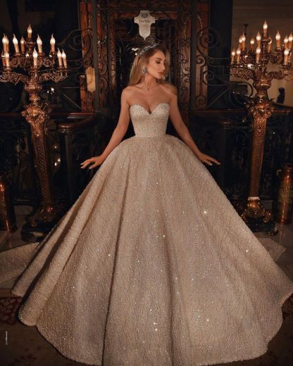 Luxury Sweetheart Sparkle Beads Puffy Ball Gown Wedding Dress