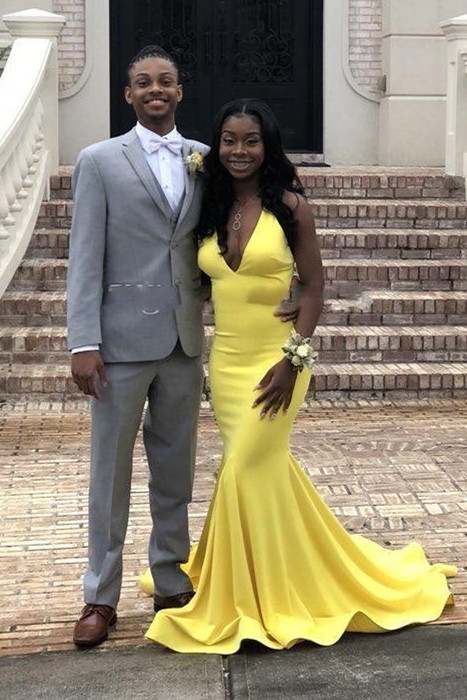 Sexy Backless V-neck daffodil Affordable Mermaid Prom Dress Online