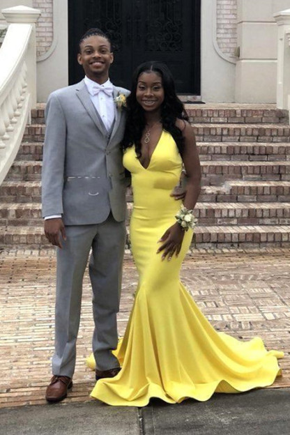 Sexy Backless V-neck daffodil Affordable Mermaid Prom Dress Online