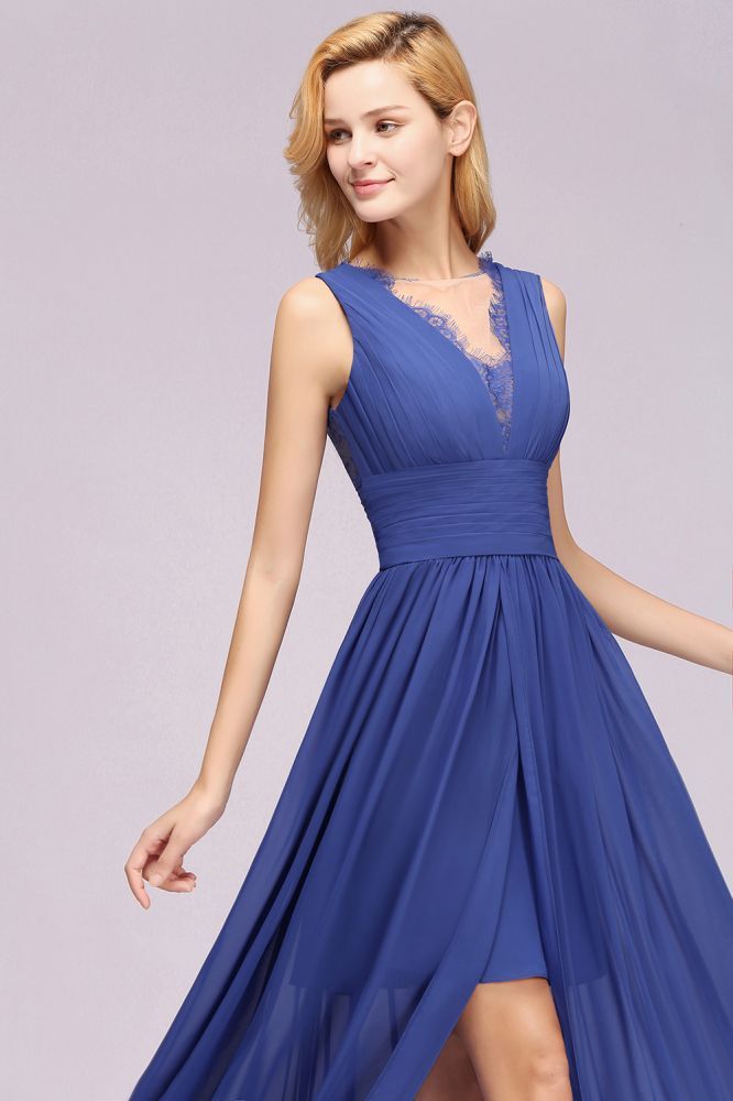 Chiffon Lace Jewel Sleeveless Long Train Ruffles Short Bridesmaid Dress